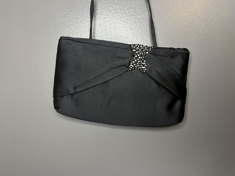 Vintage Morris Moskowitz Evening Bag Womens Black Satin Rhinestone Made USA 80s